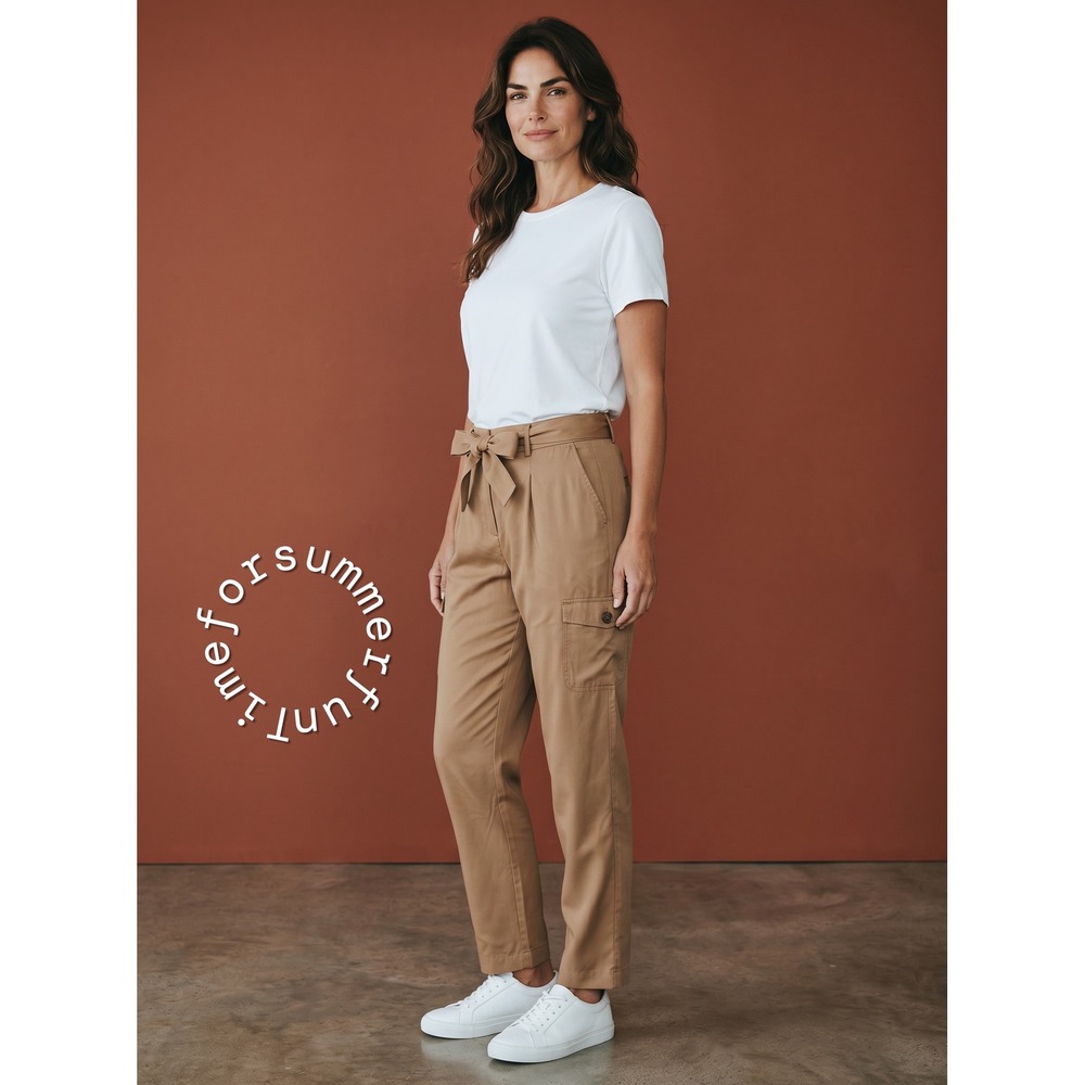 Calvin Klein Womens Camel Tan High Rise Tie Waist Cargo Tapered Pants L Large - Picture 2 of 8